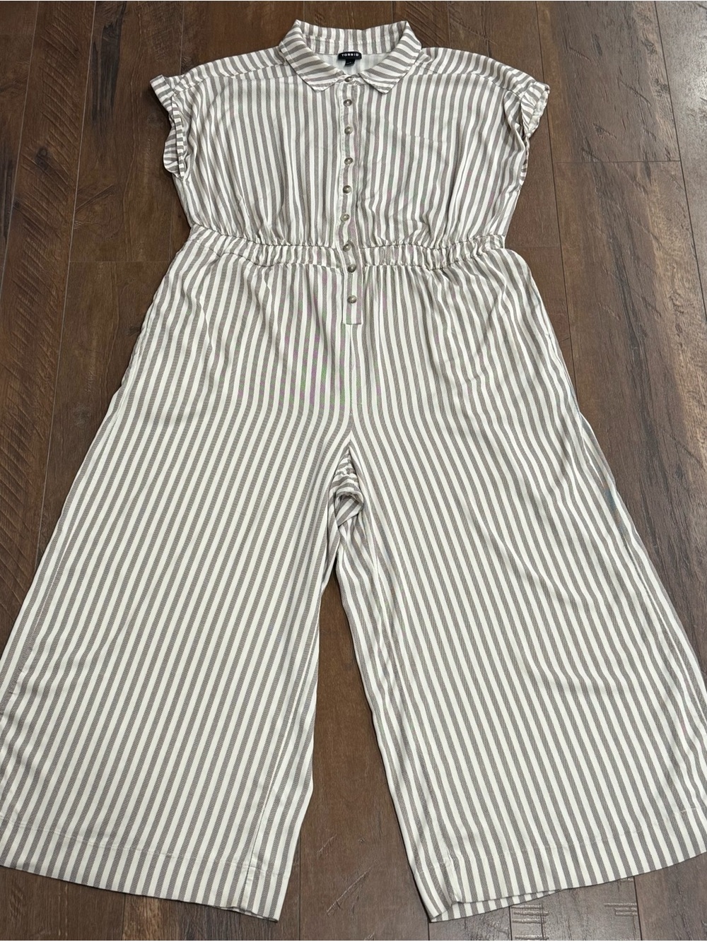 Striped Cotton-Blend Jumpsuit in Taupe & White